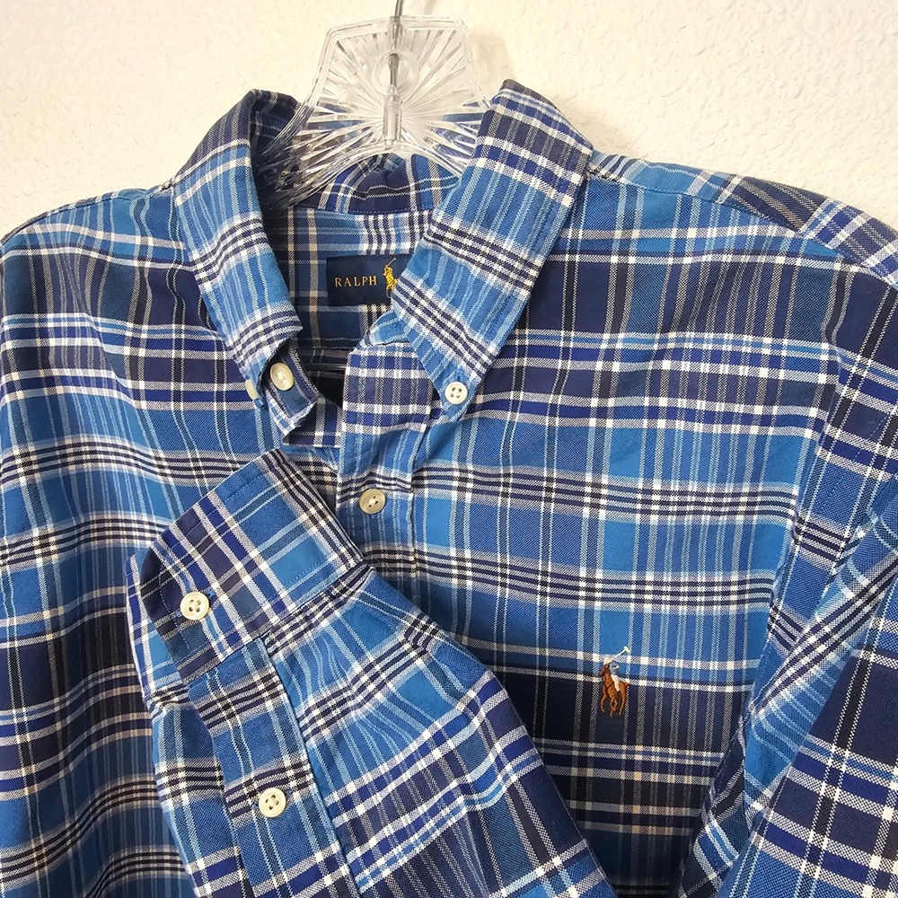 Ralph Lauren Mens Blue Plaid Long Sleeve Button Down Shirt Size M Pony Logo